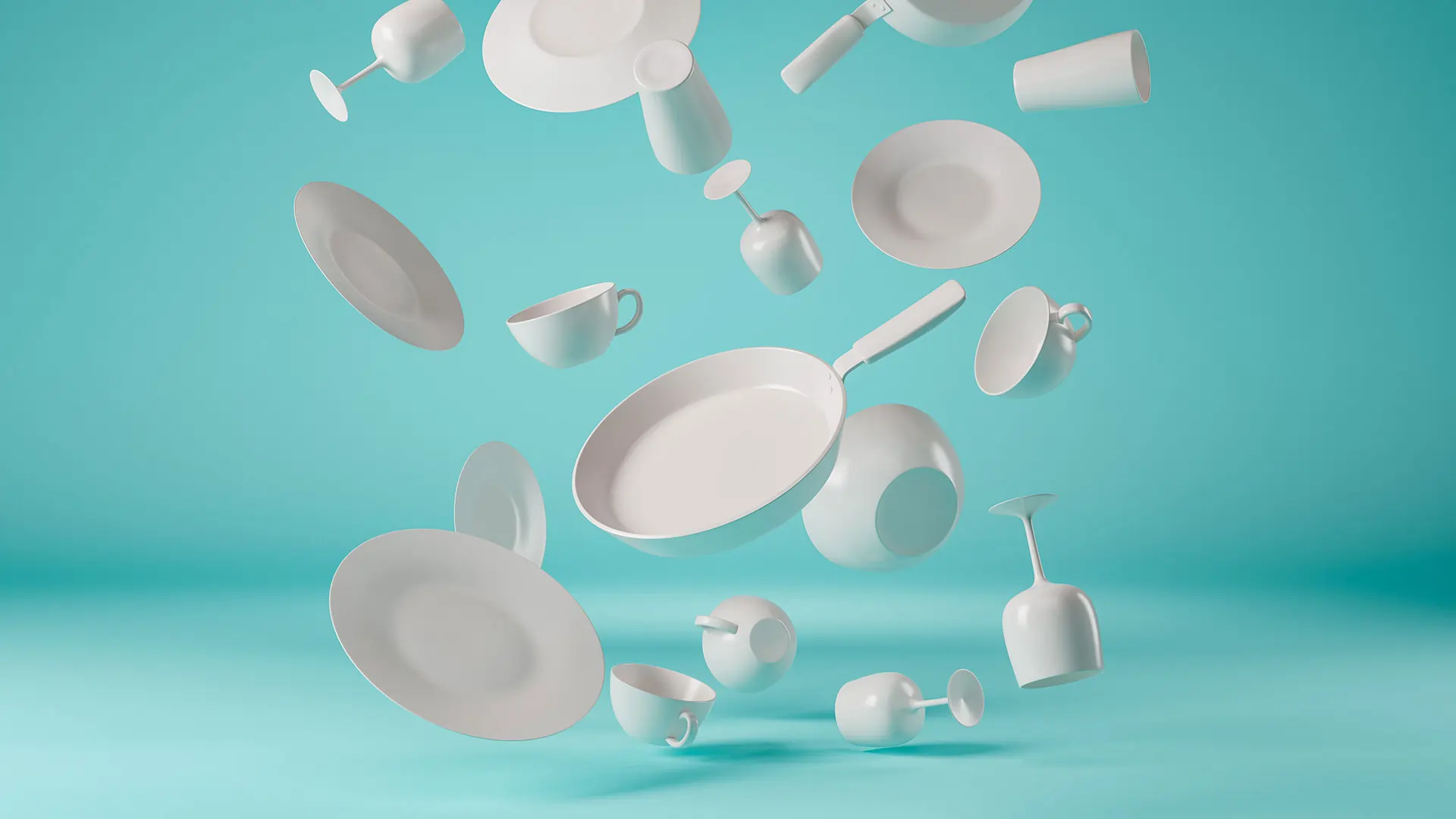 3d rendered image of white dishes falling on teal background