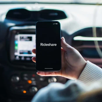 passenger in car holding smartphone that reads rideshare on the screen