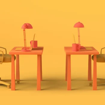 3d rendered image of two work desks and two office chairs