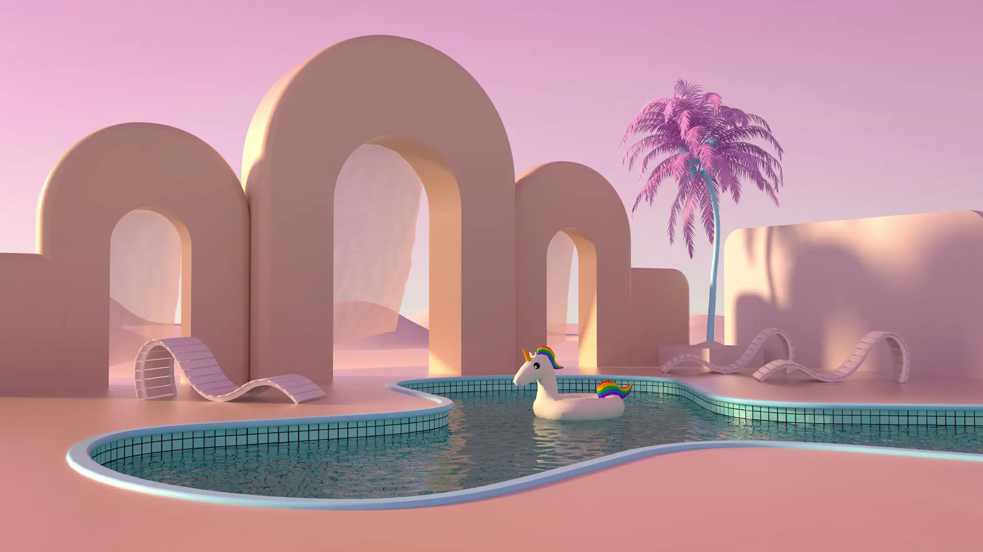 3d image of backyard pool with unicorn inflatable in pool and palm tree in background