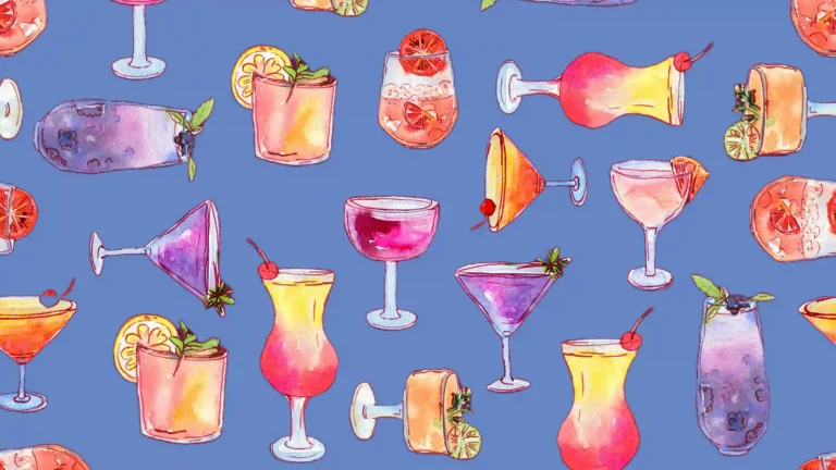 watercolor image of assorted cocktails on periwinkle background