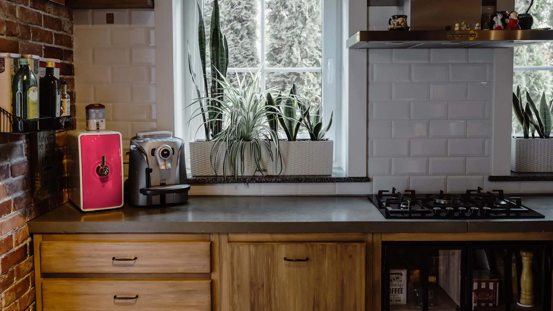 Brown kitchen with white walls and window looking over back yard