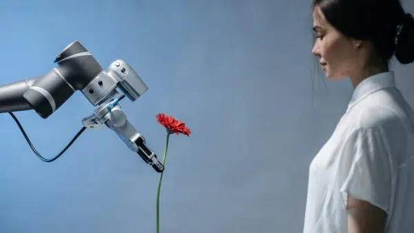 machine learns how to give single flower to woman