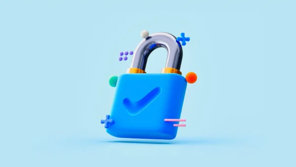 3d generated image of padlock with icons floating around it