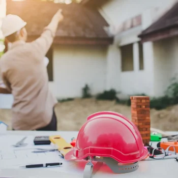 construction workers looking at house with hardhat on table