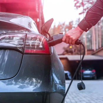 Electric car with person holding charging cable handle