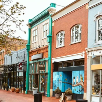 Multiple businesses along brick road.