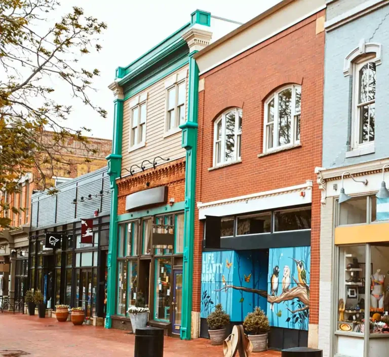 Multiple businesses along brick road.