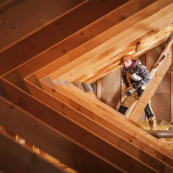 contractor working in rafters of construction build