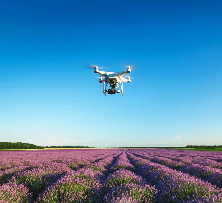 drone flying over lavender field