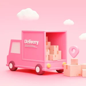 3d render image of pink delivery truck with boxes, location pinpoint and clouds