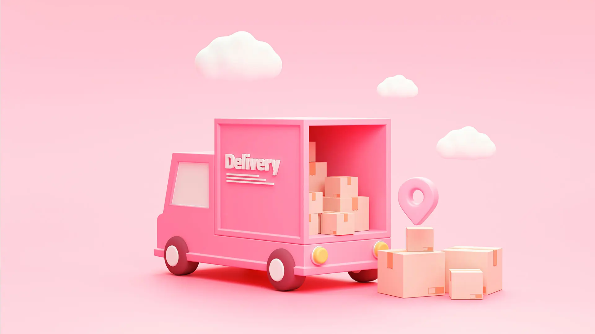 3d render image of pink delivery truck with boxes, location pinpoint and clouds