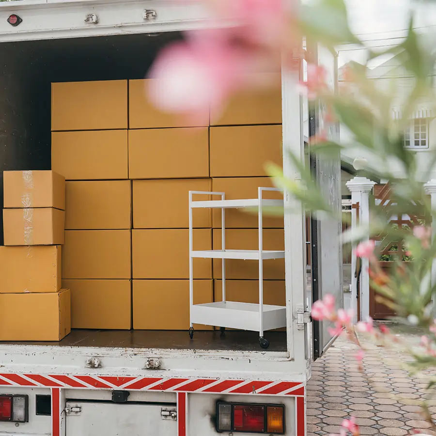 Unloading a moving van.