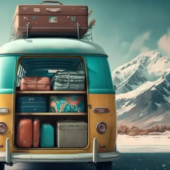 Illustration of a van full of family travel luggage on it with winter snow mountain as background.