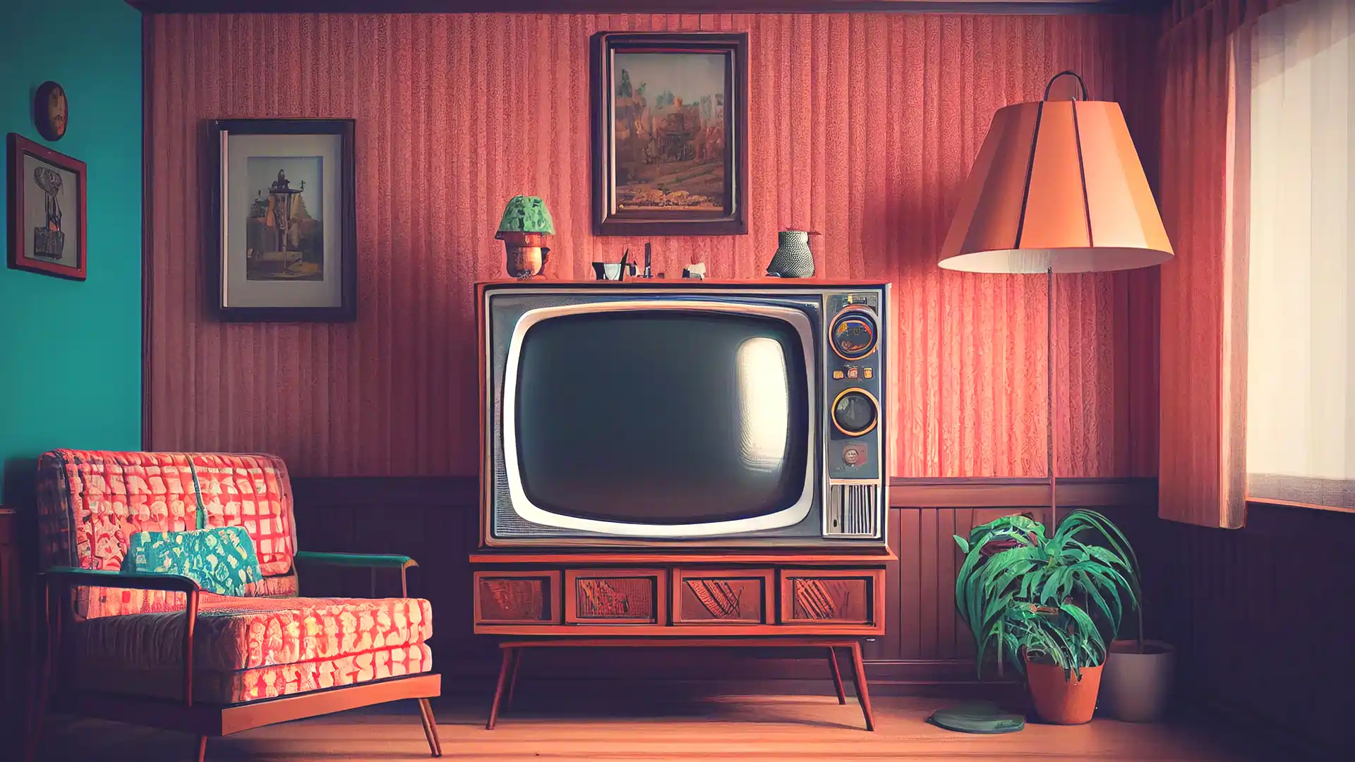 Old fashioned vintage retro design room with retro tv