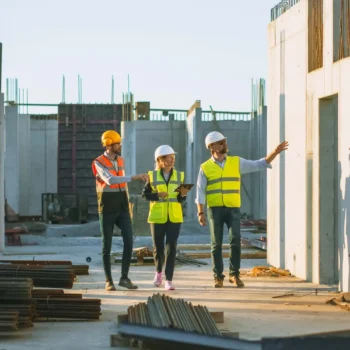 General contractor walking through a site with architect and engineer.