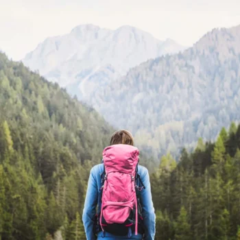 Hiker looking out to a mountainous and forested landscape.