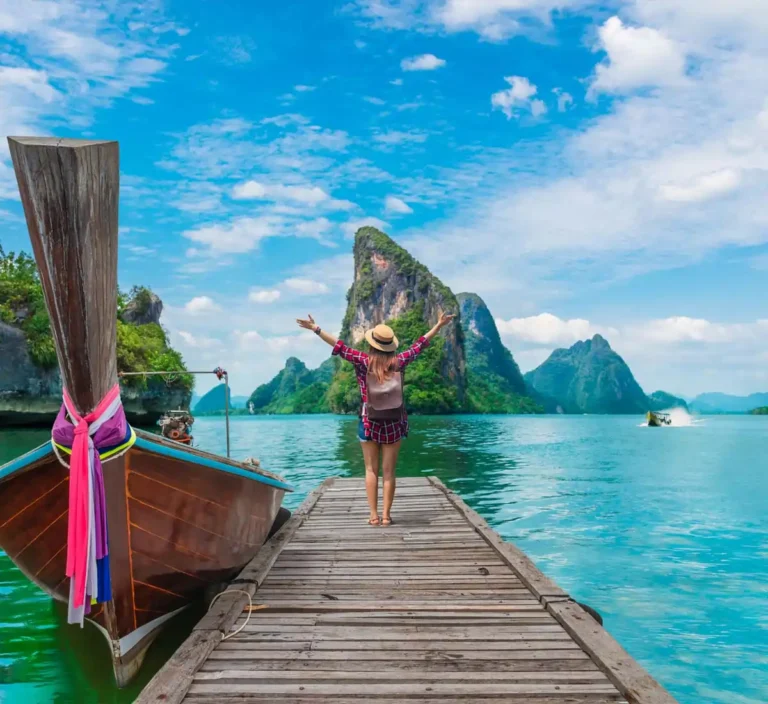 Tourist on a deck at Phang-Nga bay in Thailand.