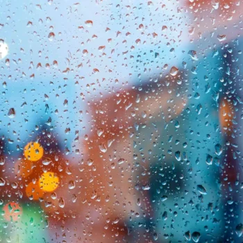 Rainy window in a house looking onto the street.