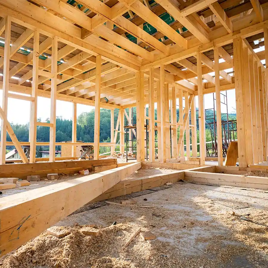 Frame of a building being constructed.